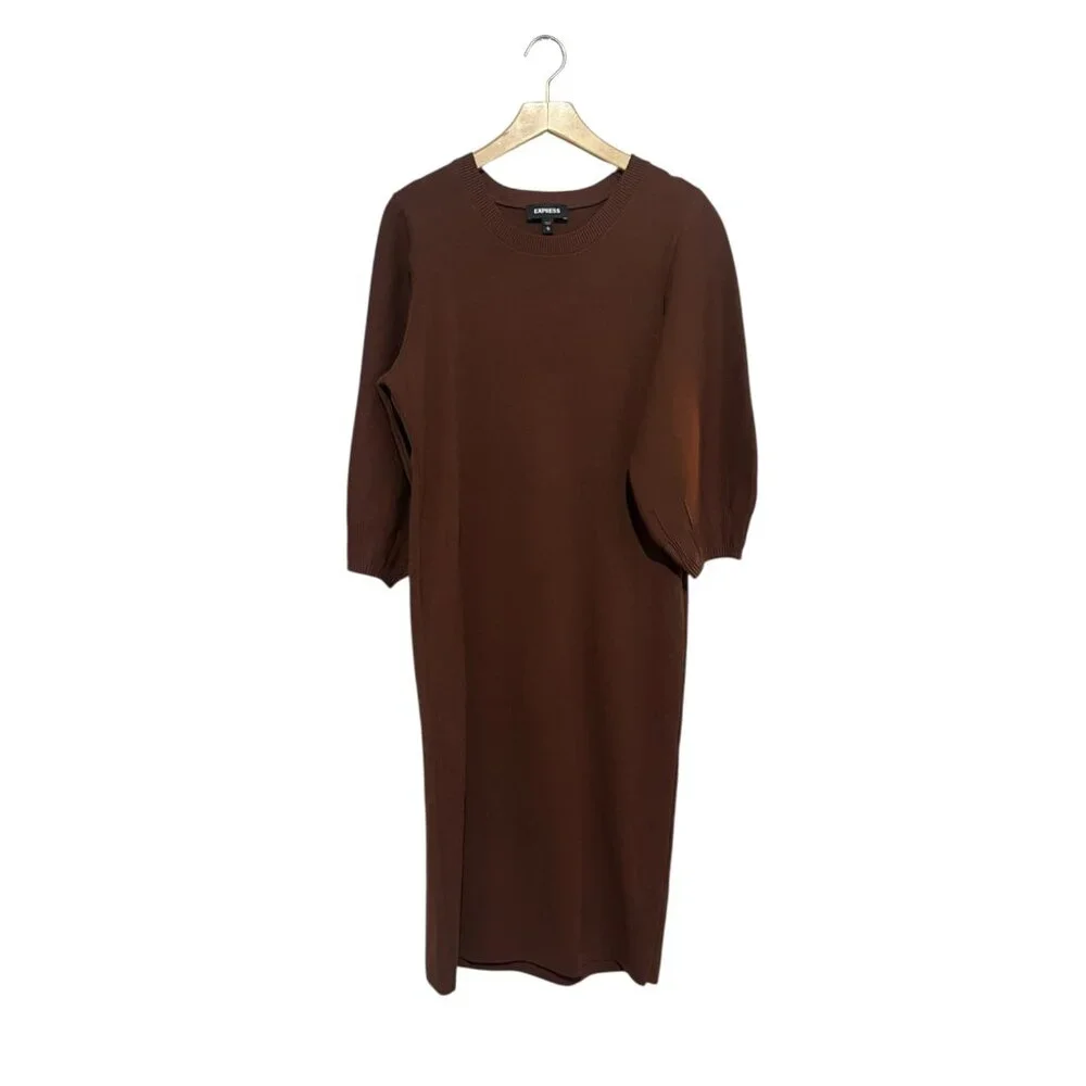 Express Chocolate Brown Sweater Dress Size XL Puff Sleeve Modest Office - Picture 2 of 6
